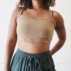 brown ribbed cotton cropped tank top